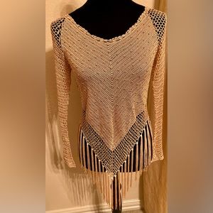 Gold/tan beaded, crocheted & tasseled long sleeve tunic blouse, small